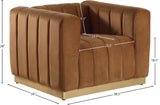 Marlon Velvet Chair – Elegant Saddle Design with Channel Tufting & Brushed Gold Stainless Steel Base