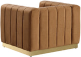 Marlon Velvet Chair – Elegant Saddle Design with Channel Tufting & Brushed Gold Stainless Steel Base