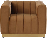 Marlon Velvet Chair – Elegant Saddle Design with Channel Tufting & Brushed Gold Stainless Steel Base