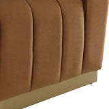 Marlon Velvet Chair – Elegant Saddle Design with Channel Tufting & Brushed Gold Stainless Steel Base