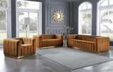 Marlon Velvet Chair – Elegant Saddle Design with Channel Tufting & Brushed Gold Stainless Steel Base