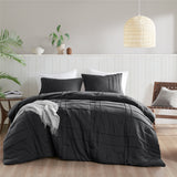 Grid Textured Soft Washed Pleated Comforter Set, Black