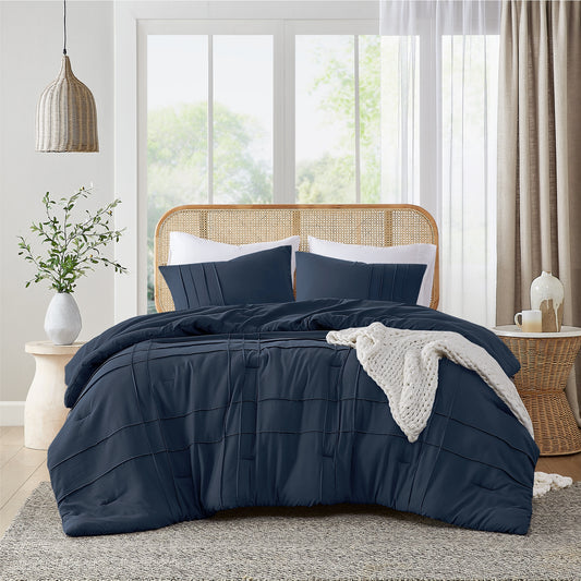Grid Soft Washed Pinch Pleated Comforter Set, Navy