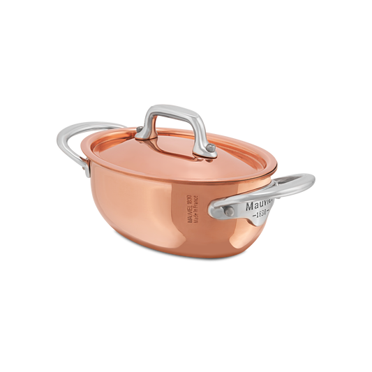 Mauviel M'MINIS Copper Oval Stew Pan With Lid, Stainless Steel Handles, 0.42-Qt