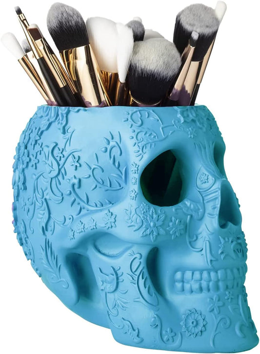 Skull Makeup Brush Holder, Pen Holder, Vanity, Desk (Blue)