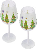 Set of 2 Stemmed Christmas Tree Design Wine Glasses - 14 oz