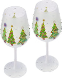Set of 2 Stemmed Christmas Tree Design Wine Glasses - 14 oz