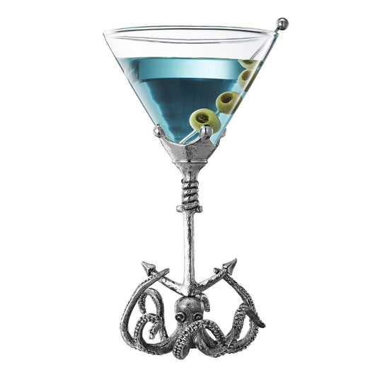 Pewter Kraken Octopus Martini Glass with Anchor Base, Nautical Cocktail Glass