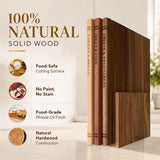 Premium 3pc Book Cutting Board Set with Stand, Space-Saving Decorative Wood Cutting Board Library, 100% Natural Wood Grain Finish, Sleek Laser-Engraved Labels