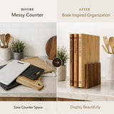 Premium 3pc Book Cutting Board Set with Stand, Space-Saving Decorative Wood Cutting Board Library, 100% Natural Wood Grain Finish, Sleek Laser-Engraved Labels