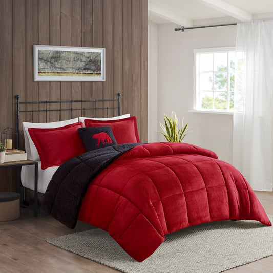 Plush To Sherpa Winter Comforter Set, Red
