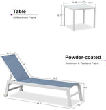 PURPLE LEAF Outdoor Chaise Lounge Chairs Set of 2 White Aluminum Lounge Chair Five-Position Adjustable Chaise with Wheels and Table for Pool Deck Patio