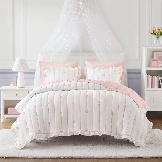 Soft Bow Embroidered Quilt Mini Set, Pink