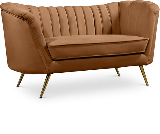 Margo Saddle Velvet Loveseat - Luxurious Plush Upholstery, Gold Legs, Modern Design for Your Home
