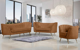 Margo Saddle Velvet Loveseat - Luxurious Plush Upholstery, Gold Legs, Modern Design for Your Home