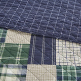 3 Piece Reversible Patchwork Printed Quilt Set, Green / Navy