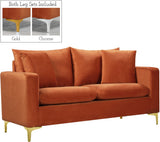 Naomi Contemporary Loveseat with Plush Velvet Comfort and Customizable Gold & Chrome Legs for Style