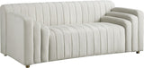 Naya Contemporary Loveseat with Deep Channel Tufting and Gold Metal Legs for Modern Living Spaces