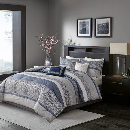 Jacquard Stripe Mosaic 7-Piece Comforter Set, Navy Blue