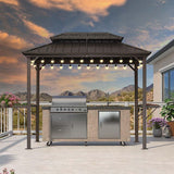 PURPLE LEAF Hardtop Grill Gazebo for Patio Bronze Permanent Metal Roof Outside Sun Shade Outdoor BBQ Canopy with String Lights