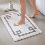 High Pile Bordered Bathroom Rug, White