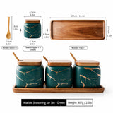 Marble Ceramic Spice Jar Set with Wooden Tray