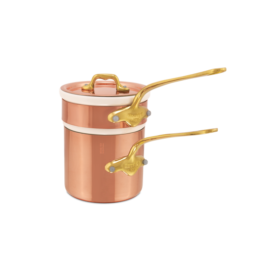 Mauviel Copper Tinned Bain Marie/Double Boiler With Lid, Brass Handles, 1.8-Qt