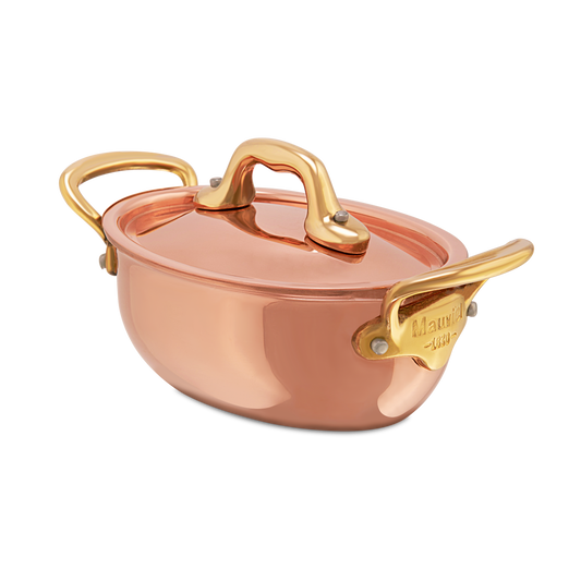 Mauviel M'MINIS Copper Oval Stew Pan With Lid, Brass Handles, 0.42-Quart