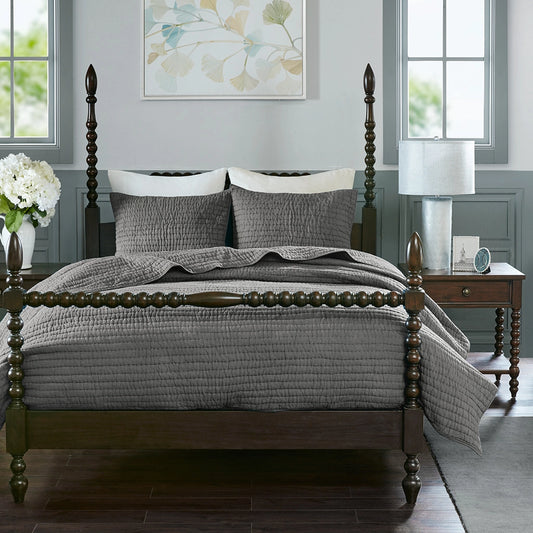 3 Piece Hand Quilted Cotton Quilt Set, Grey