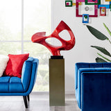 Abstract Mask 54" Tall Floor Sculpture // Metallic Red With Gray Stand