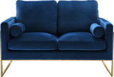 Mila Luxurious Contemporary Loveseat with Gold Stainless Steel Base and Plush Throw Pillows for Comfort