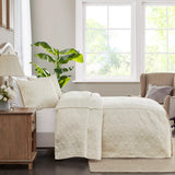 3 Piece Split Corner Pleated Quilted Bedspread, Cream
