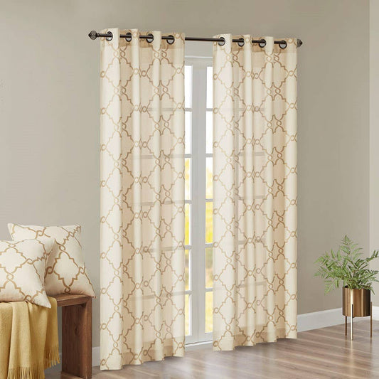 Wholesale Fretwork Sheer Basket Weave Window Panel, Cream