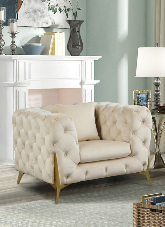 KingdomVelvet Chic Black Chair with Gold Metal Legs, Deep Button Tufting for Contemporary Style