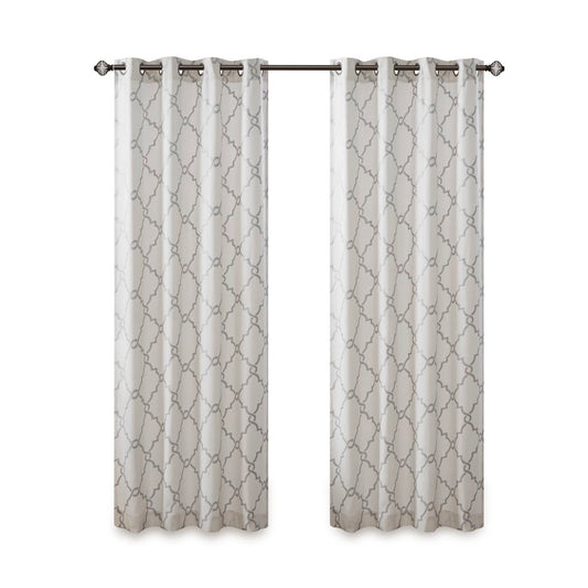 Fretwork Print Grommet Top Window Curtain Panel, Ivory/Grey