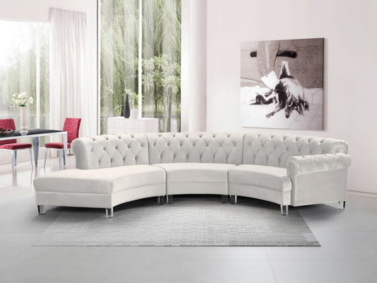 Anabella Contemporary 3pc Sectional with Deep Tufting and Chrome Nailheads for Elegant Living Spaces