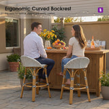 PURPLE LEAF Patio Oversized Backrest Bar Height Stool Set of 2 Outdoor Round Barstools Aluminum Frame Woven Rattan for Indoor Kitchen Dining Bistros Cafe Restaurant