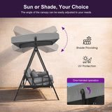 PURPLE LEAF Porch Swing with Adjustable Tilt Canopy Patio Swing with Stand and Meatl Steel Frame All-Weather Outdoor Swing Chair Seat Space-Saving for Backyard Garden Deck