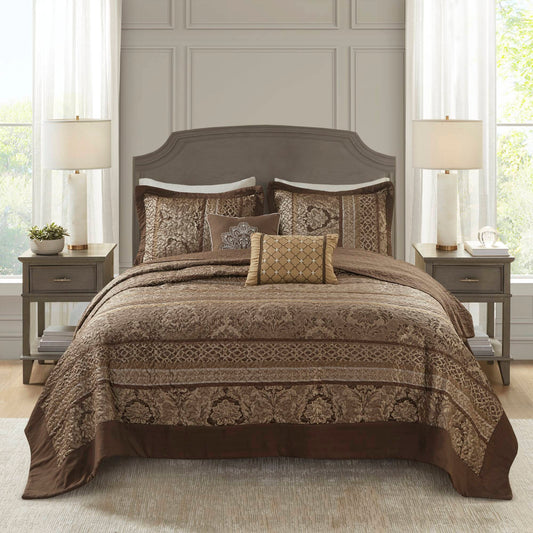 5 Piece Reversible Jacquard Bedspread Set, Brown/Gold
