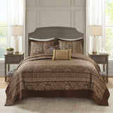 5 Piece Reversible Jacquard Bedspread Set, Brown/Gold