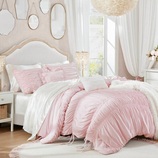 Shabby Chic Ruched Microfiber Comforter Set, Pink