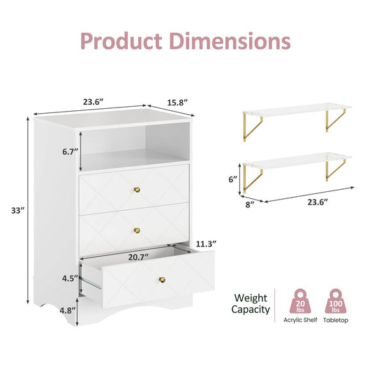 Dresser with Drawers & Floating Shelves, 3 Drawer Dresser