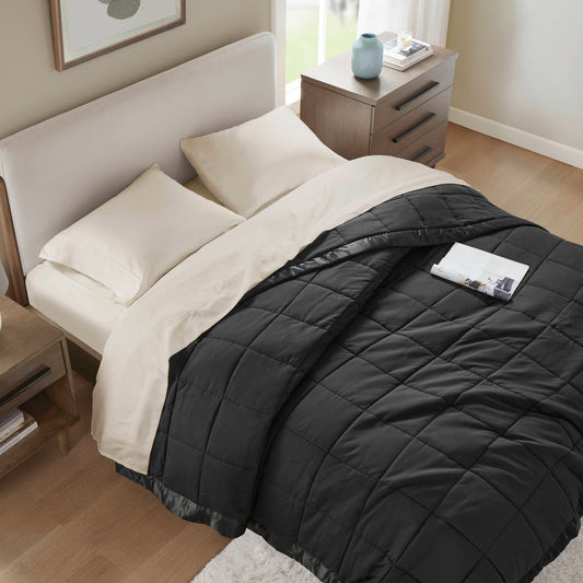 Lightweight Down Alternative Blanket with Satin Trim, Black