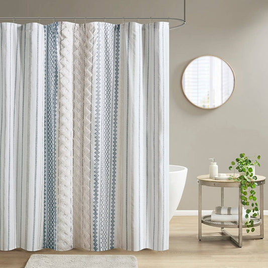 Aztec Chenille Tufted Shower Curtain, White/Navy