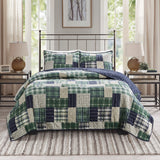 3 Piece Reversible Patchwork Printed Quilt Set, Green / Navy