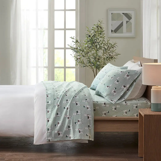 Wholesale Flannel Cotton Kids Print Sheet Set, Green Llamas