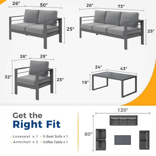 5 Pieces Aluminum Patio Furniture Set, Grey