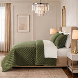 Soft Velvet Cross Stitch Coverlet Set with Shams, Green