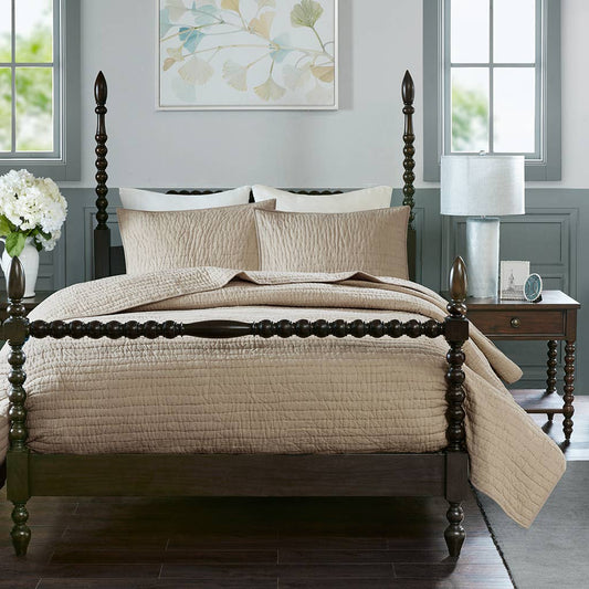 3 Piece Hand Quilted Cotton Quilt Set, Linen
