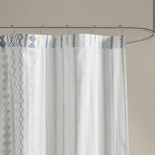 Aztec Chenille Tufted Shower Curtain, White/Navy